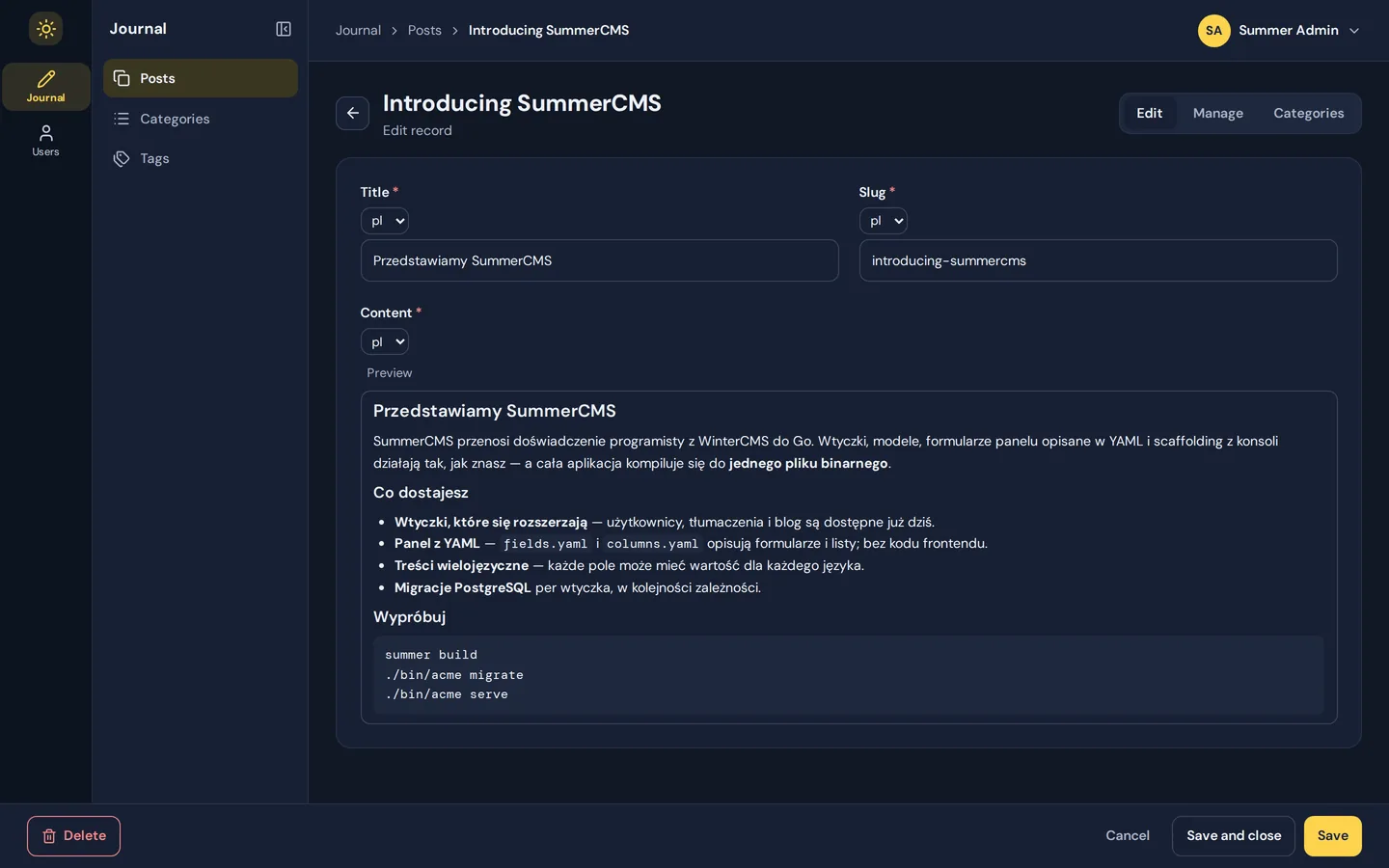 The same Journal post with the Polish translation selected