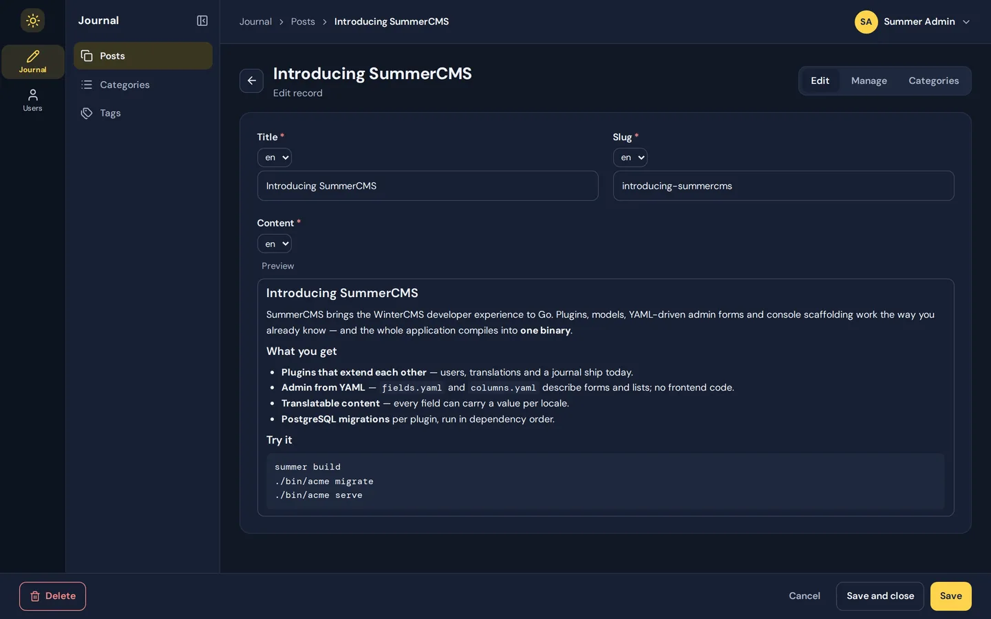 Editing a Journal post: title, slug and the rendered Markdown preview