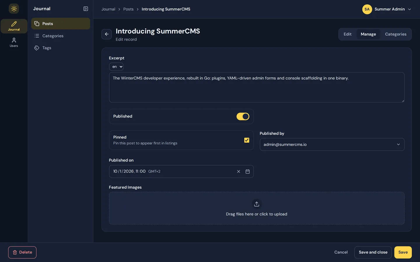 The Manage tab of a Journal post: excerpt, published switch, pinned checkbox, author, publish date and featured images