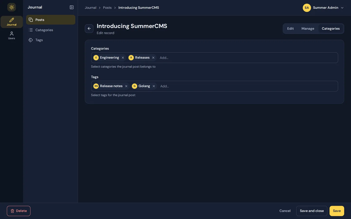 The Categories tab of a Journal post with category and tag pickers