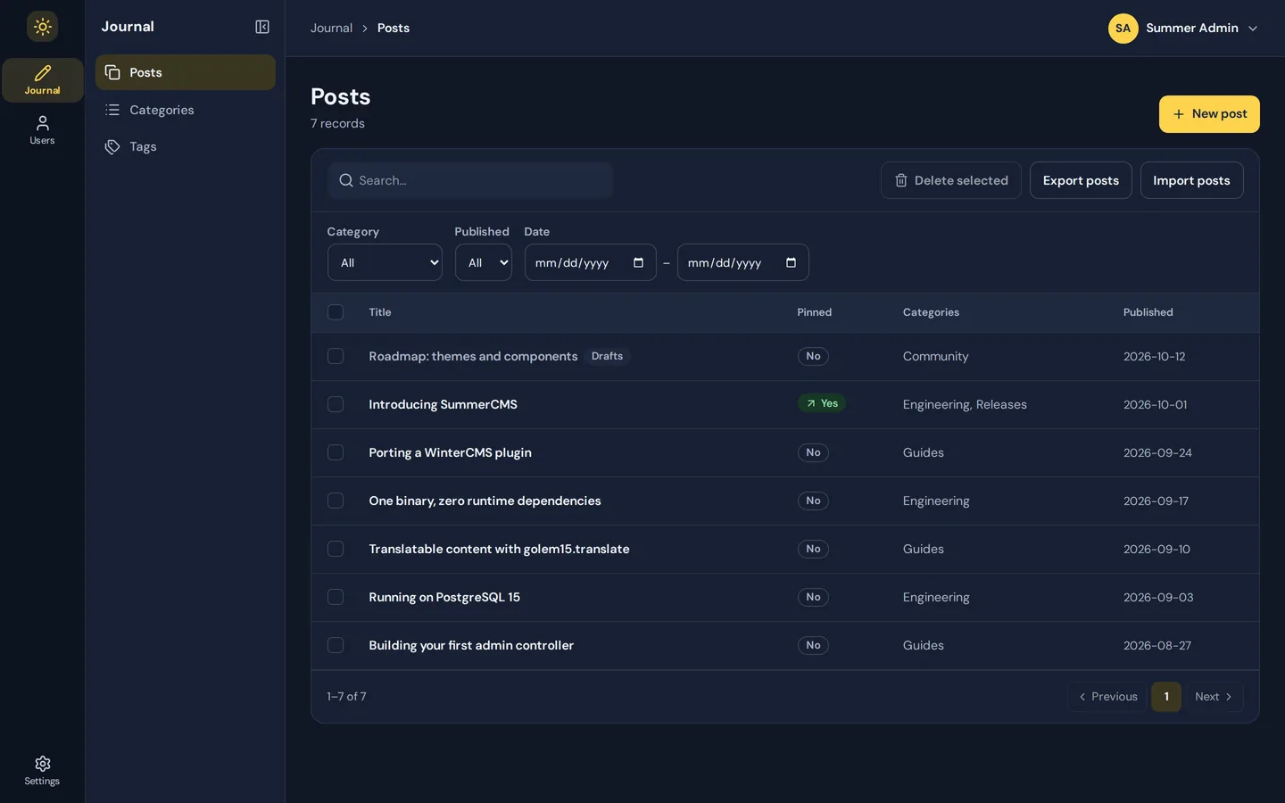 The SummerCMS admin: the Journal posts list with search, filters, categories and publish dates